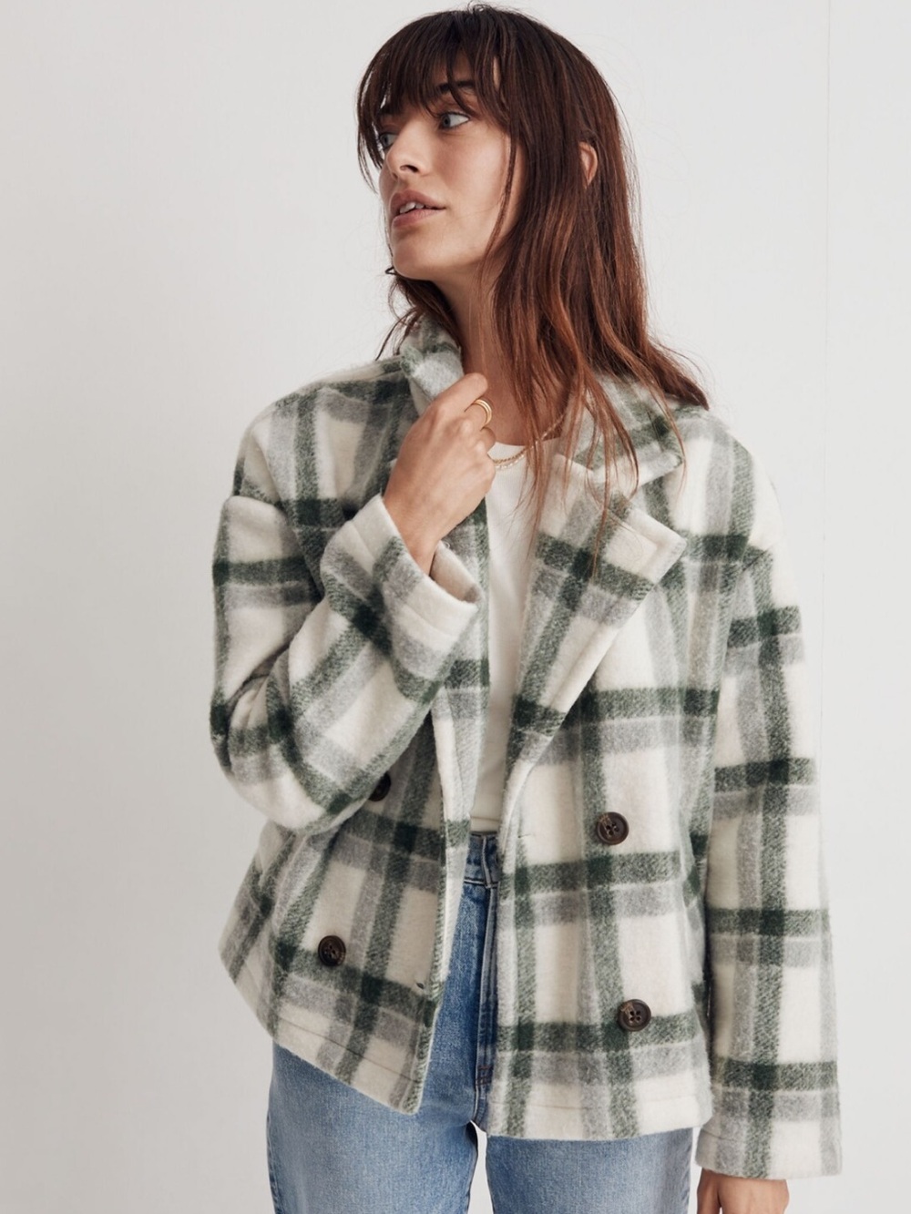 Madewell Jacquard Double-Breasted Crop Blazer in Plaid
